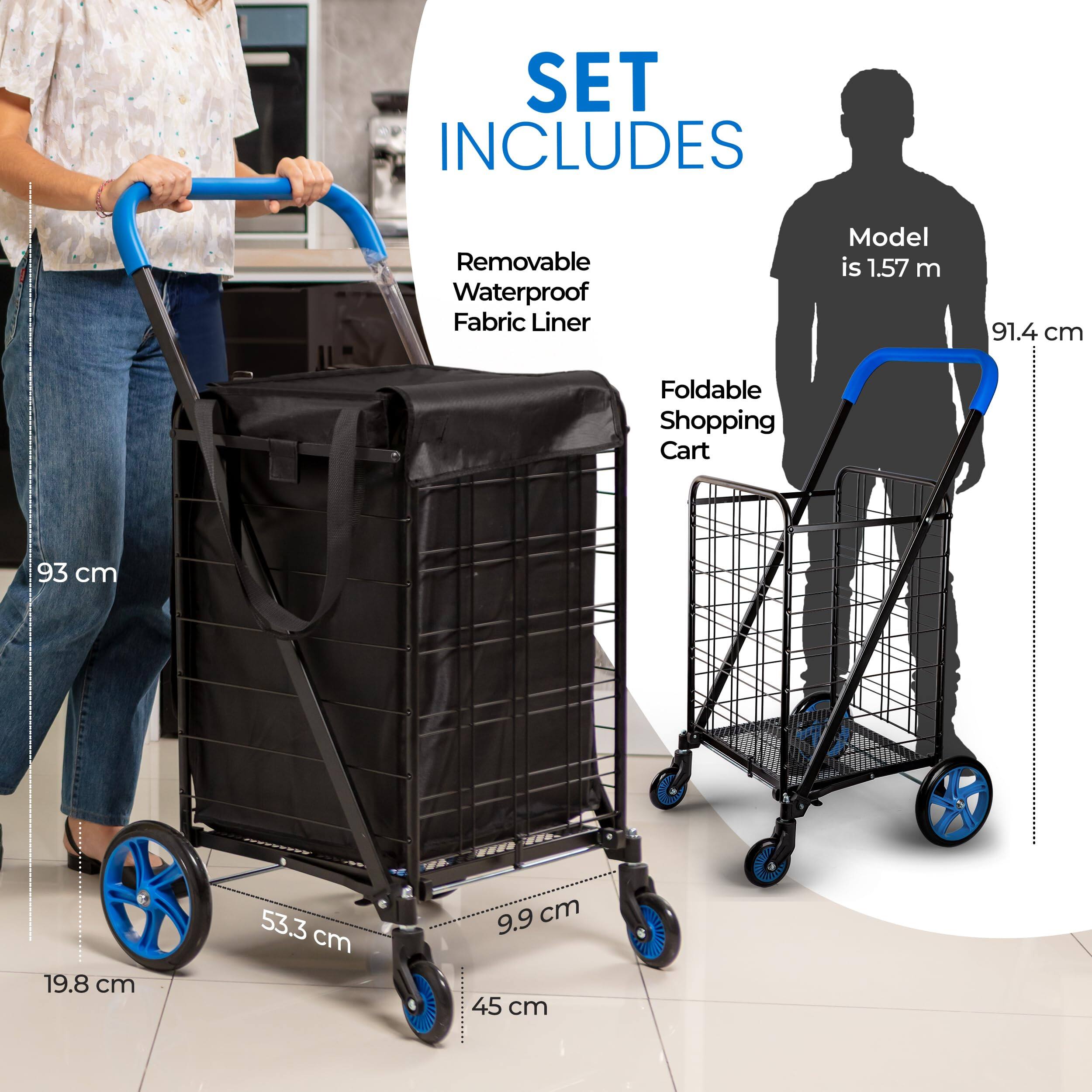 SET INCLUDES  
- Removable Waterproof Fabric Liner  
- Foldable Shopping Cart  

Model is 1.57 m  
91.4 cm  
93 cm  
53.3 cm  
19.8 cm  
9.9 cm  
45 cm