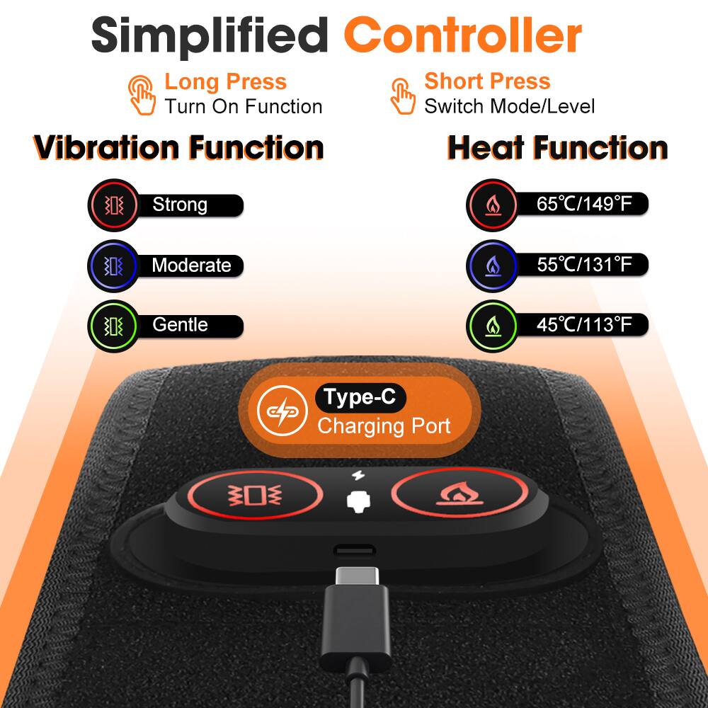 Simplified Controller

Long Press: Turn On Function

Short Press: Switch Mode/Level

Vibration Function
- Strong
- Moderate
- Gentle

Heat Function
- 65°C/149°F
- 55°C/131°F
- 45°C/113°F

Type-C Charging Port