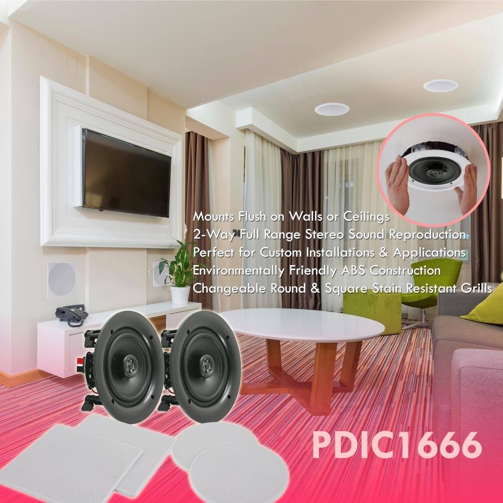 Mounts Flush on Walls or Ceilings  
2-Way Full Range Stereo Sound Reproduction  
Perfect for Custom Installations & Applications  
Environmentally Friendly ABS Construction  
Changeable Round & Square Stain Resistant Grills  

PDIC1666