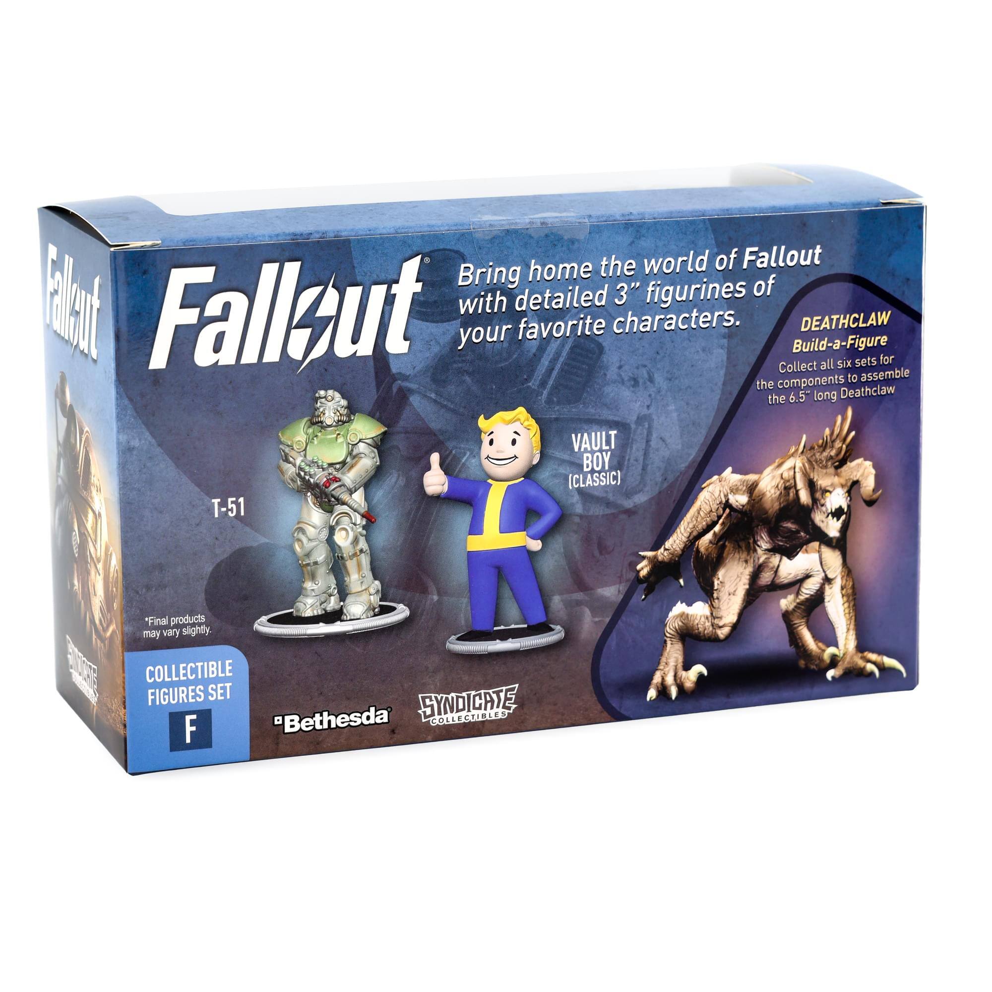 Bring home the world of Fallout with detailed 3" figurines of your favorite characters. Collect all six sets to assemble the components for the 6.5" long Deathclaw. "Final products may vary slightly." COLLECTIBLE FIGURES SET "Bethesda"