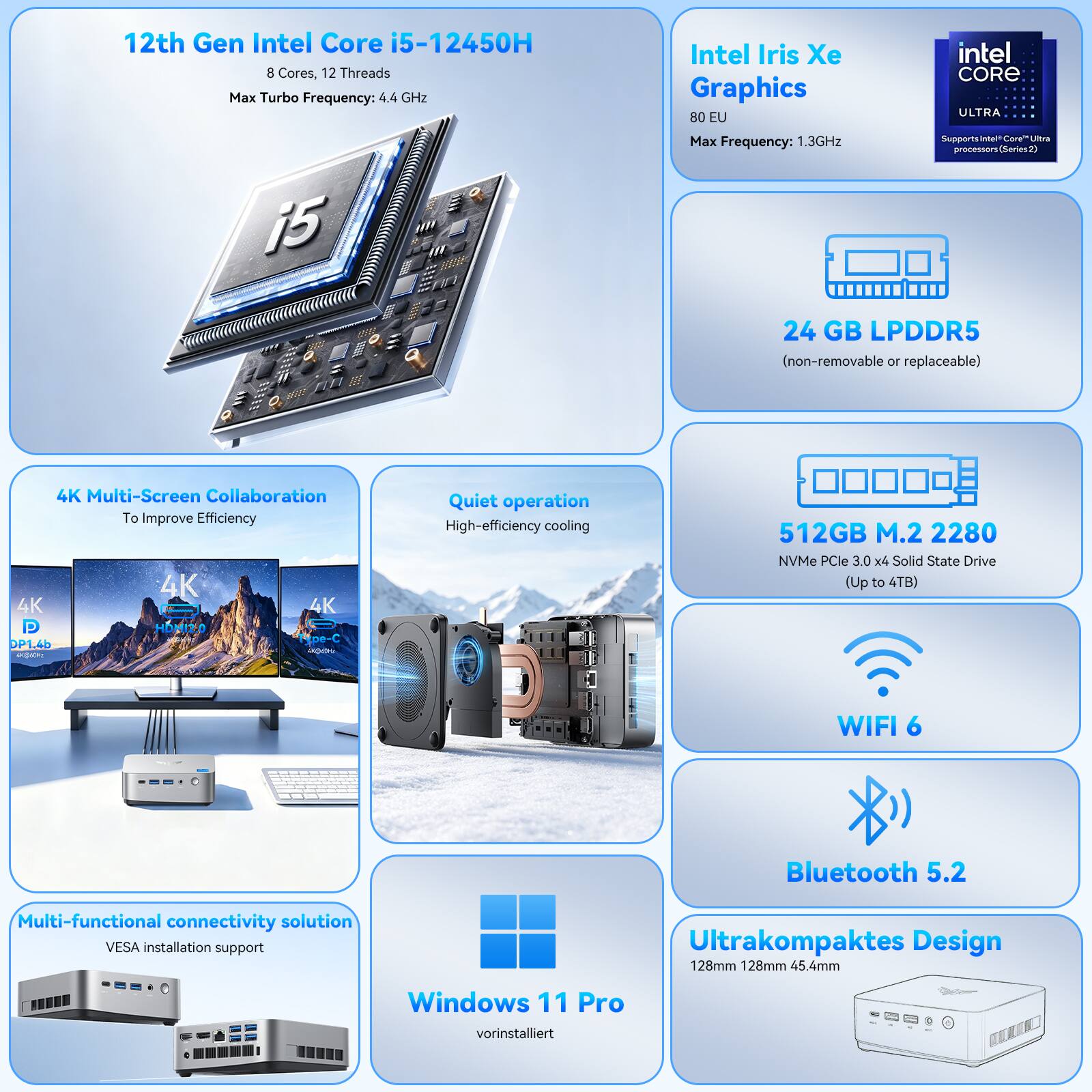 12th Gen Intel Core i5-12450H  
8 Cores, 12 Threads  
Max Turbo Frequency: 4.4 GHz  
Intel Iris Xe Graphics  
80 EU  
Max Frequency: 1.3GHz  
24 GB LPDDR5 (non-removable or replaceable)  
4K Multi-Screen Collaboration To Improve Efficiency  
Quiet operation High-efficiency cooling  
512GB M.2 2280 NVMe PCIe 3.0 x4 Solid State Drive (Up to 4TB)  
WIFI 6  
Bluetooth 5.2  
Multi-functional connectivity solution  
VESA installation support  
Ultrakompaktes Design (128mm x 128mm x 45.4mm)  
Windows 11 Pro vorinstalliert