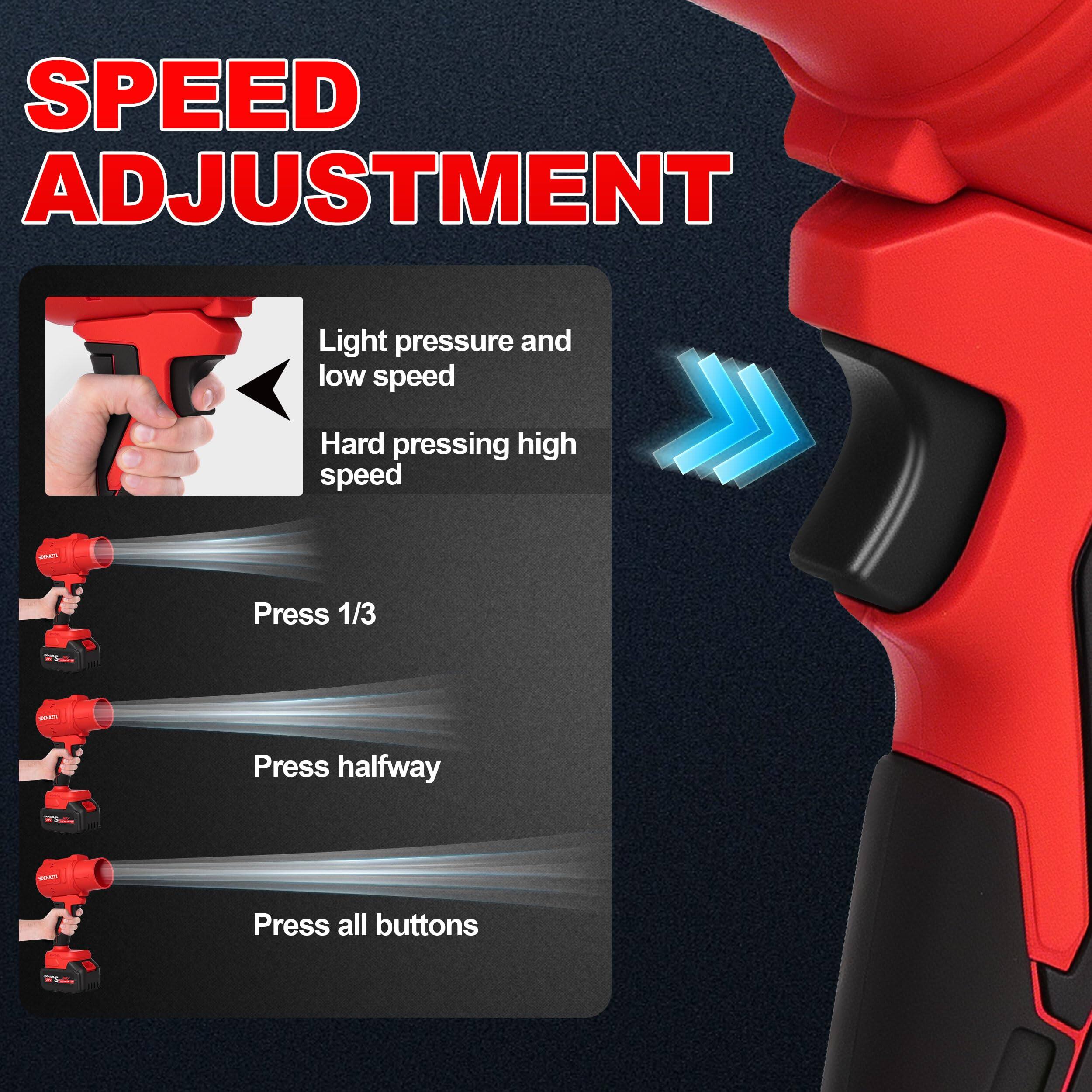 SPEED ADJUSTMENT

Light pressure and low speed  
Hard pressing high speed

Press 1/3  
Press halfway  
Press all buttons