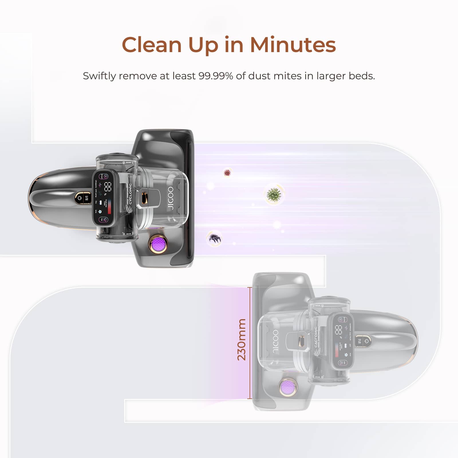 Clean Up in Minutes: Swiftly remove at least 99.99% of dust mites in larger beds.