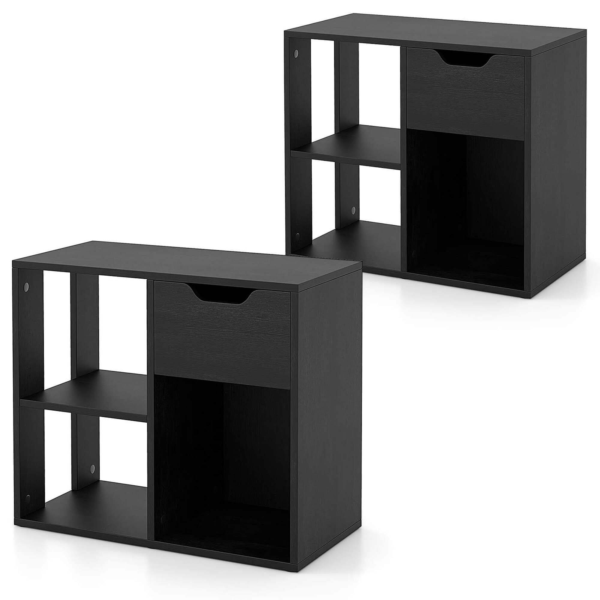 Costway - 2 PCS 3-Cube Bookcase Organizer with 2-tier Wooden Storage Shelf & Pull-out Drawer - Black