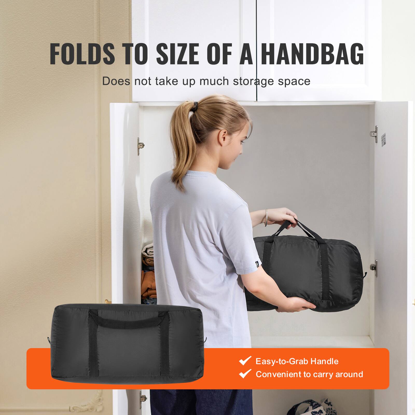 FOLDS TO SIZE OF A HANDBAG  
Does not take up much storage space  

Easy-to-Grab Handle  
Convenient to carry around
