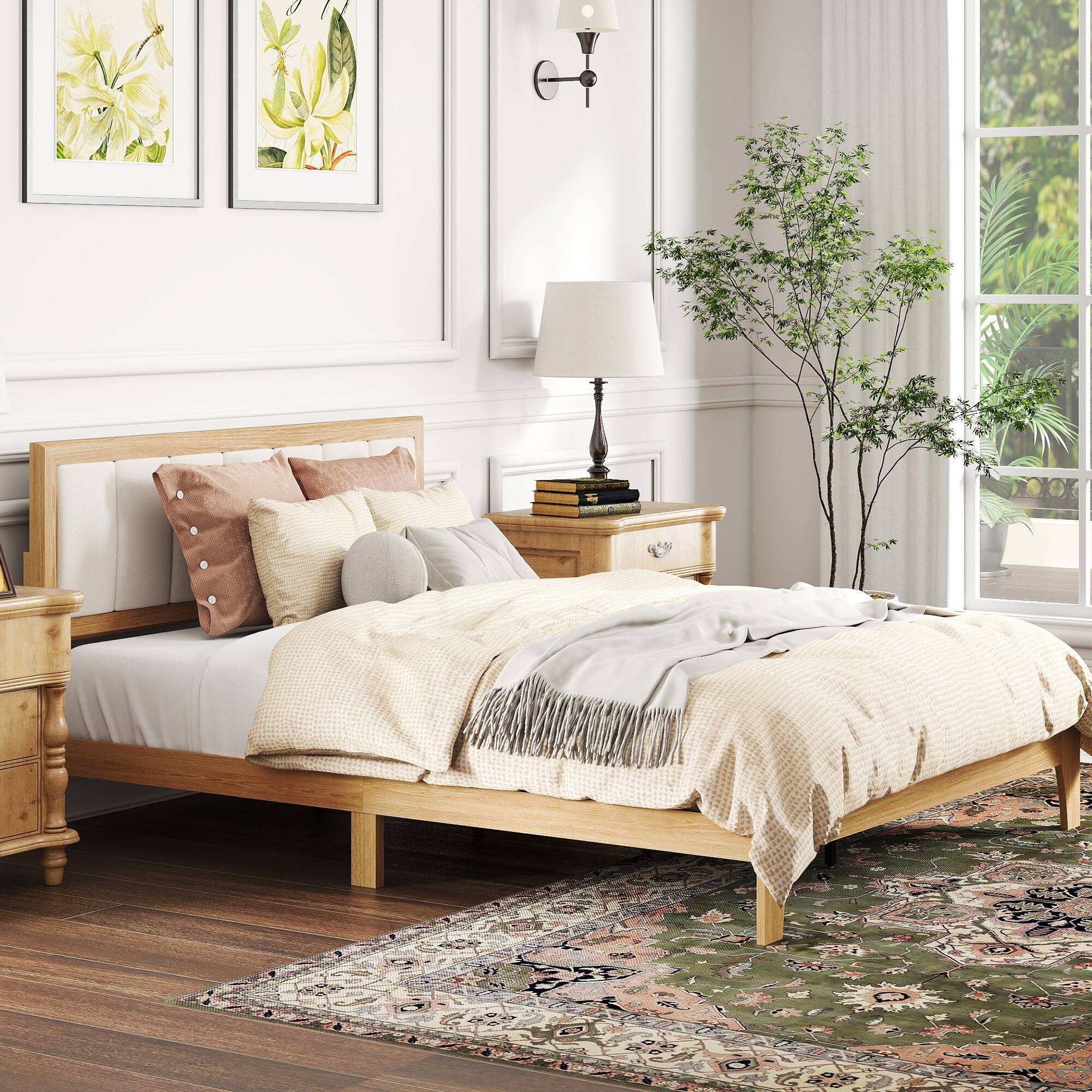 Alt View 1. Homcom - Bed Frame with Headboard Queen Platform Bed Frame with Wooden Slats No Box Spring Needed Easy Assembly - Natural.