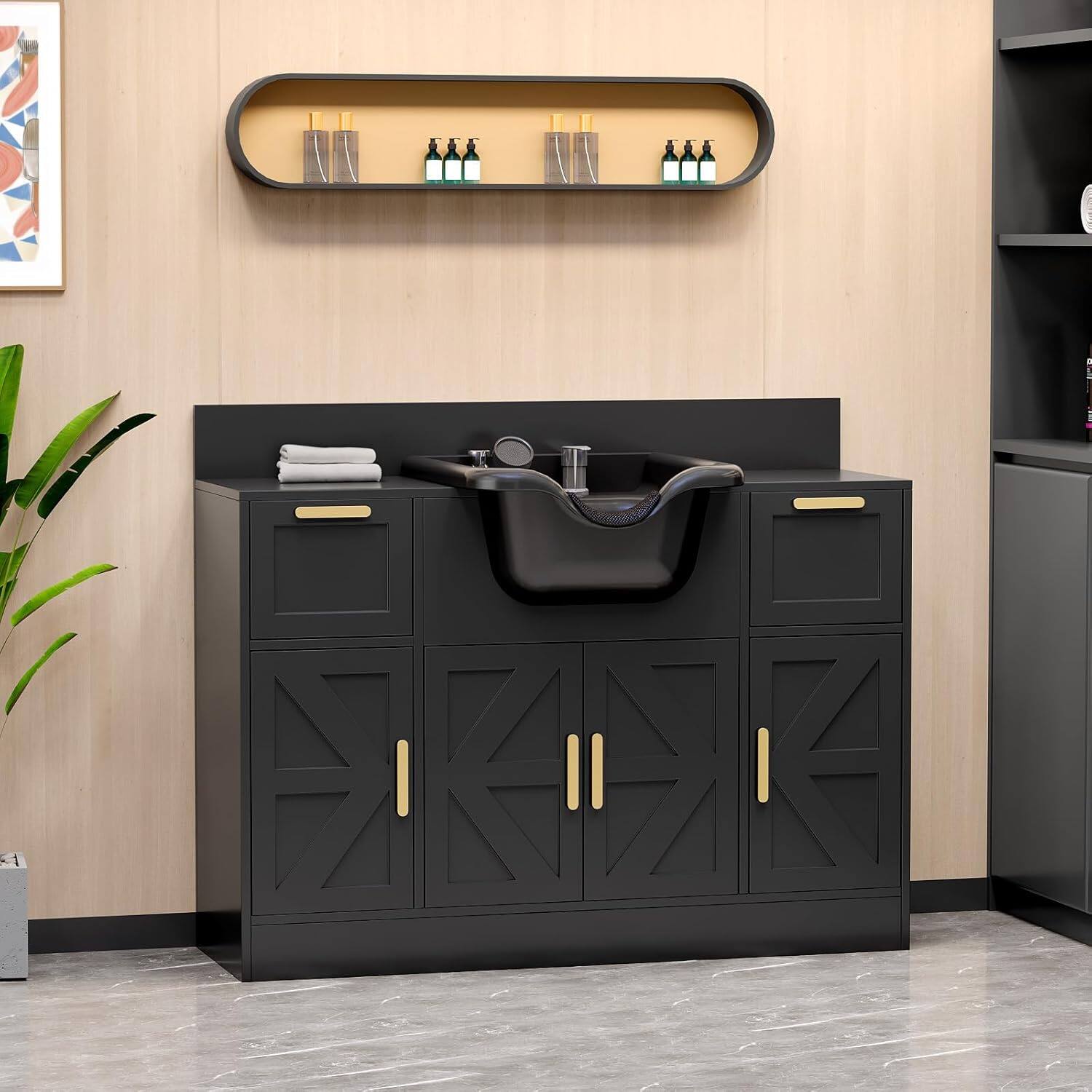 Alt View 2. Winado - Salon Station Freestanding Backwash Sink with Shampoo Bowl & Cabinet & Drawer & Spacious Desktop for Barbershop, Beauty - Black.