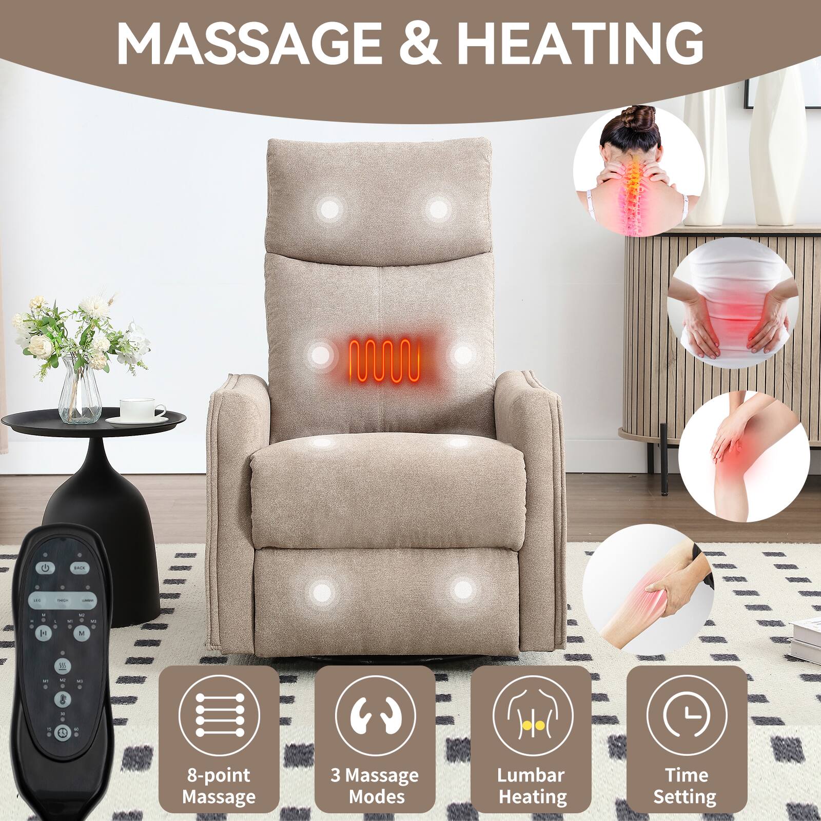 MASSAGE & HEATING

- 8-point Massage
- 3 Massage Modes
- Lumbar Heating
- Time Setting
