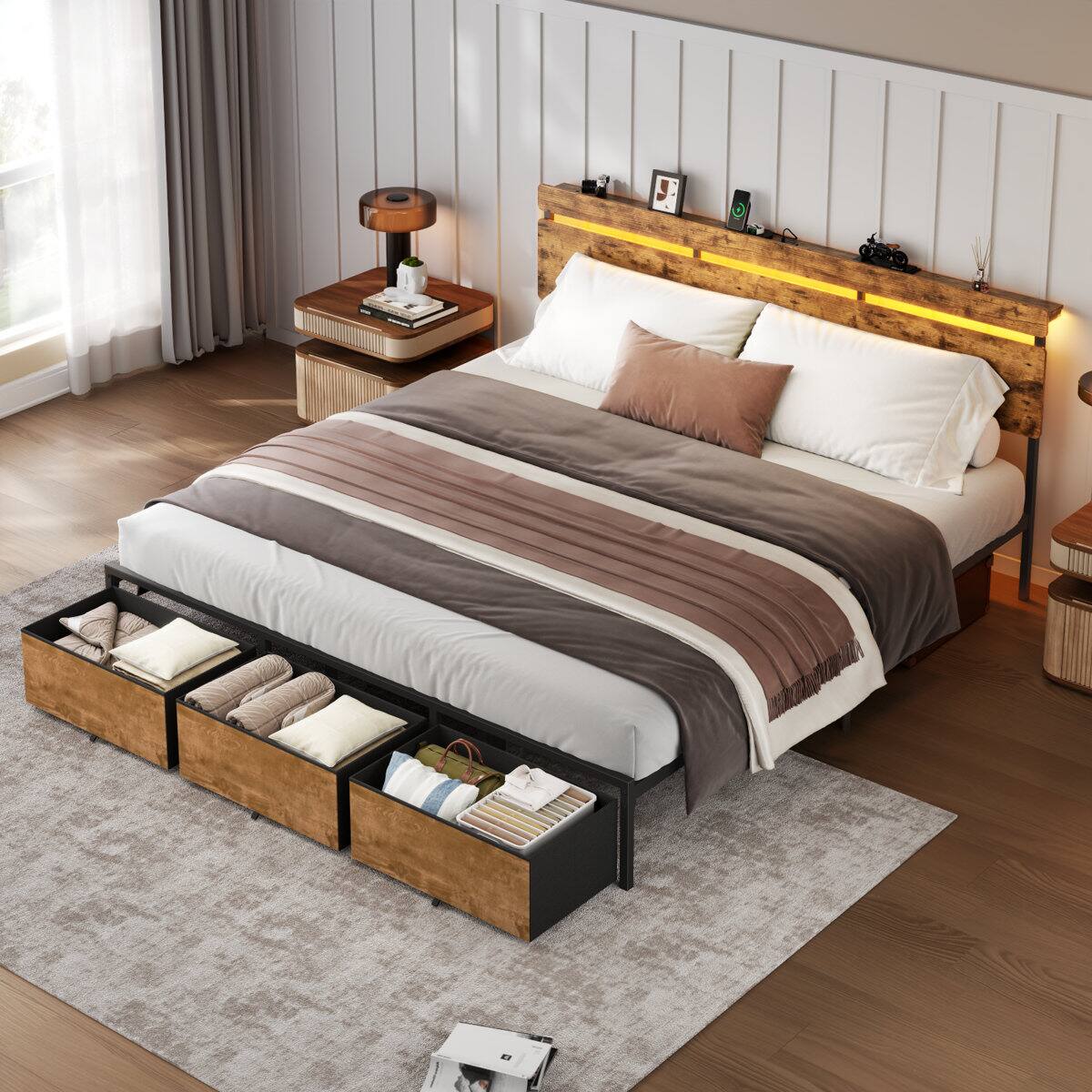 Alt View 4. Furnulem - Platform Bed with 2 Drawers and Open Storage Headboard Adjustable LED Light and Charging Station - Brown.
