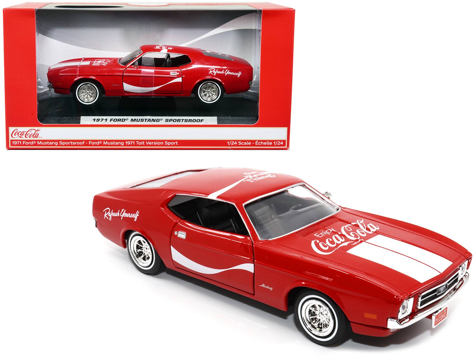 1971 Ford Mustang Sportsroof  
1971 Ford Mustang 1971 Toit Version Sport  
1/24 Scale - Échelle 1/24  
Coca-Cola  
Refresh Yourself  
Enjoy  
Coca-Cola