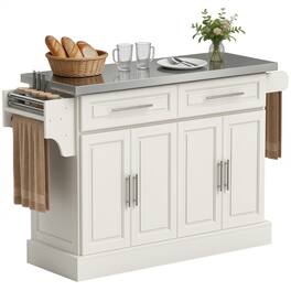 Homcom - Kitchen Island with Stainless Steel Top, 2 Drawers, Spice, Knife and Towel Rack and Cabinets - Cream White