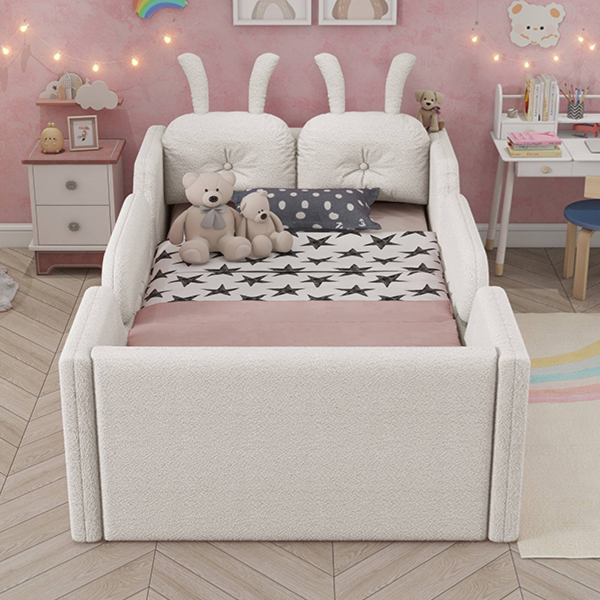 Alt View 8. GOODSILO - Twin Size Upholstered Platform Bed with Decorative Cushions and Removable Safety Rails for Children - White.