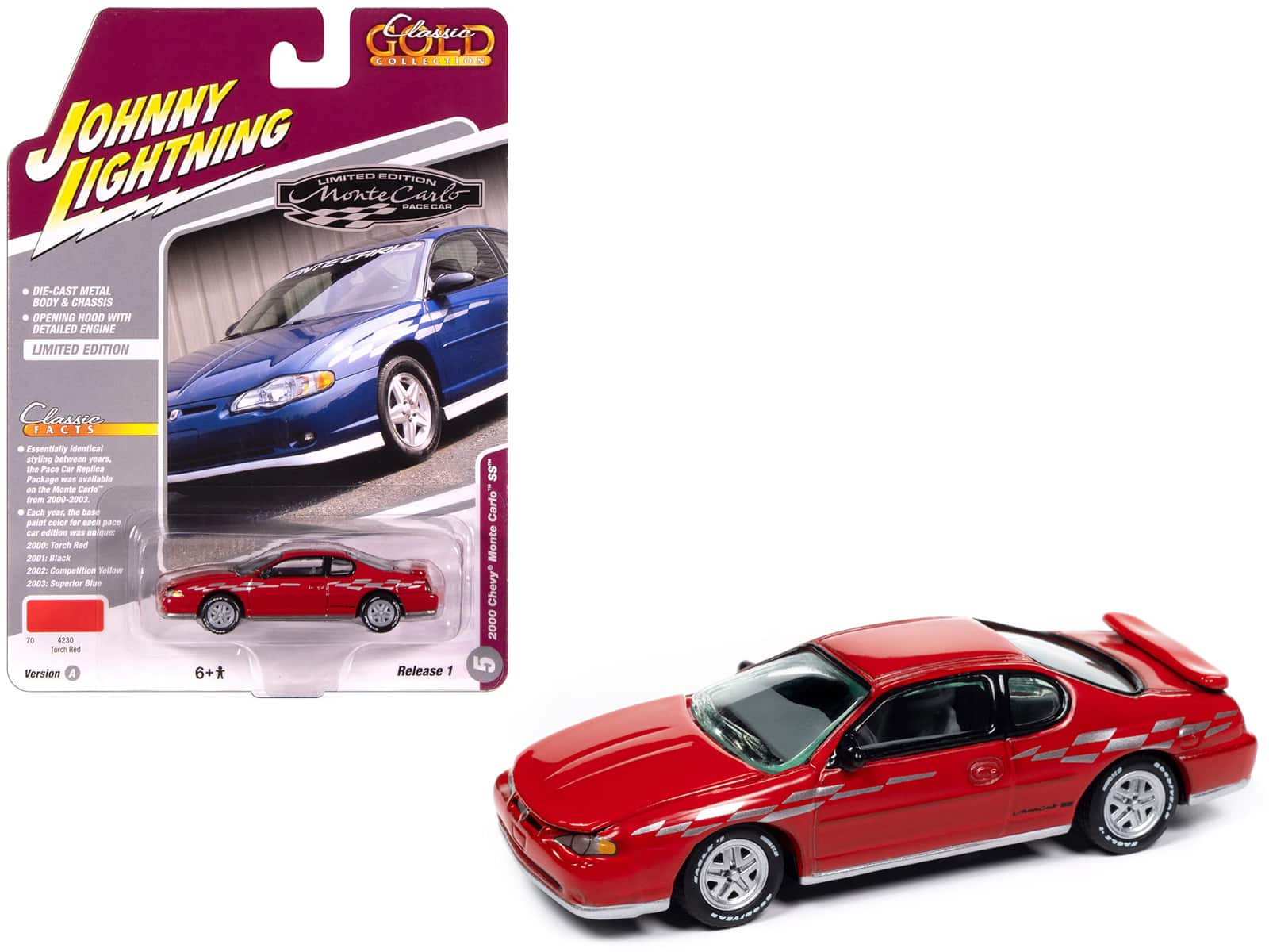 Johnny Lightning - 2000 Chevrolet Monte Carlo SS Torch "Classic Gold Collection" 1/64 - Red with Silver Graphics