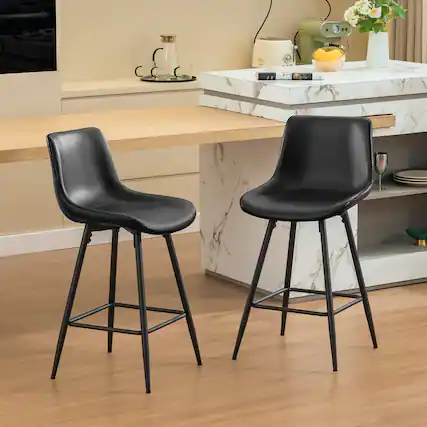 Front. KERDOM - Bar Stools Set of 2, Vintage High Island Chairs for Home Pub, Tall Dining Chair 24/28 inches Height Coffee Counter Stool - Black - 24'' Height.