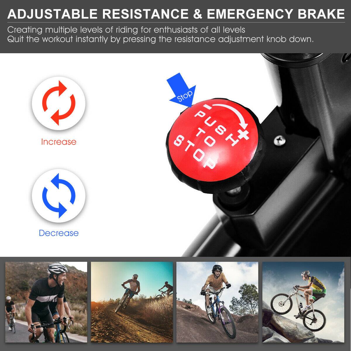 The text on the image is grouped and corrected as follows:

"ADJUSTABLE RESISTANCE & EMERGENCY BRAKE: Creating multiple levels of riding for enthusiasts of all levels. Quit the workout instantly by pressing the resistance adjustment knob down. Increase or decrease the resistance by pushing the knob up or down."