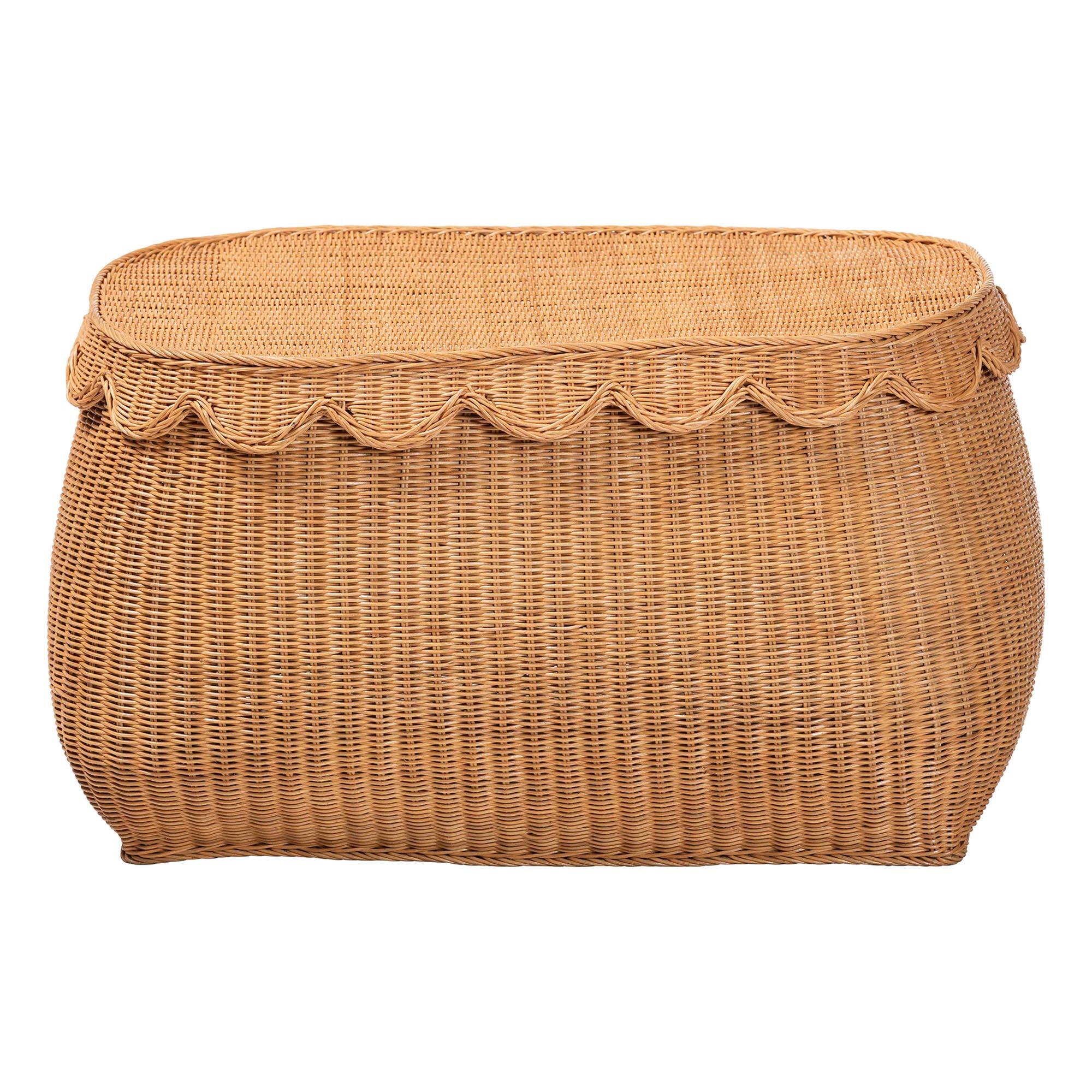 Left. bali & pari - Ayleen Natural Rattan Basket with Scalloped Lid – Handwoven Wicker Storage Box, Boho Coastal Home Décor, Large - Light Honey.
