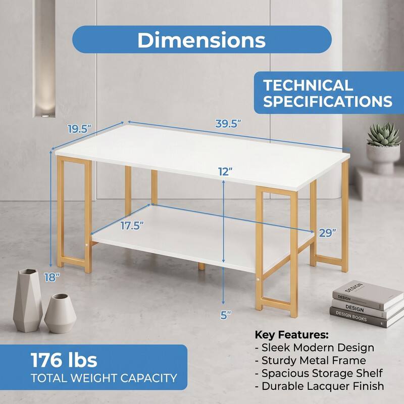 Dimensions  
TECHNICAL SPECIFICATIONS  
19.5"  
39.5"  
12"  
17.5"  
29"  
18"  
5"  
176 lbs TOTAL WEIGHT CAPACITY  

Key Features:  
- Sleek Modern Design  
- Sturdy Metal Frame  
- Spacious Storage Shelf  
- Durable Lacquer Finish