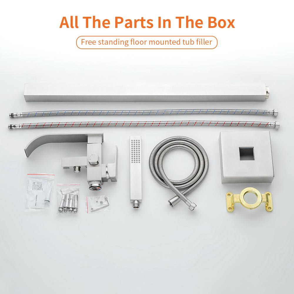 All The Parts In The Box  
Free standing floor mounted tub filler