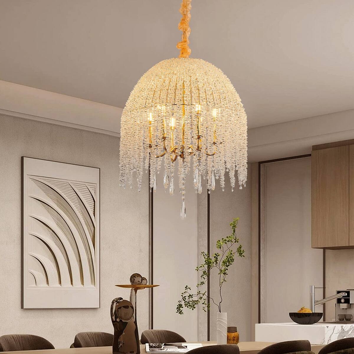 Angle. Loheer - Loheer K9 Crystal Pendant Light, Gold Waterfall Chandelier with Six Lights, Twenty Inch.