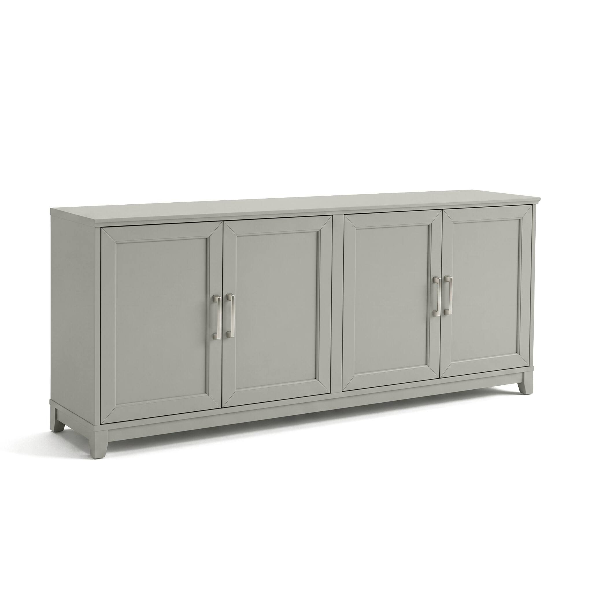 Alt View 1. Martha Stewart - Wooden 4-Door TV Stand-Adjustable Shelves-Solid Wood Frame/Legs - Bedford Gray/Brushed Stainless Steel Hardware.