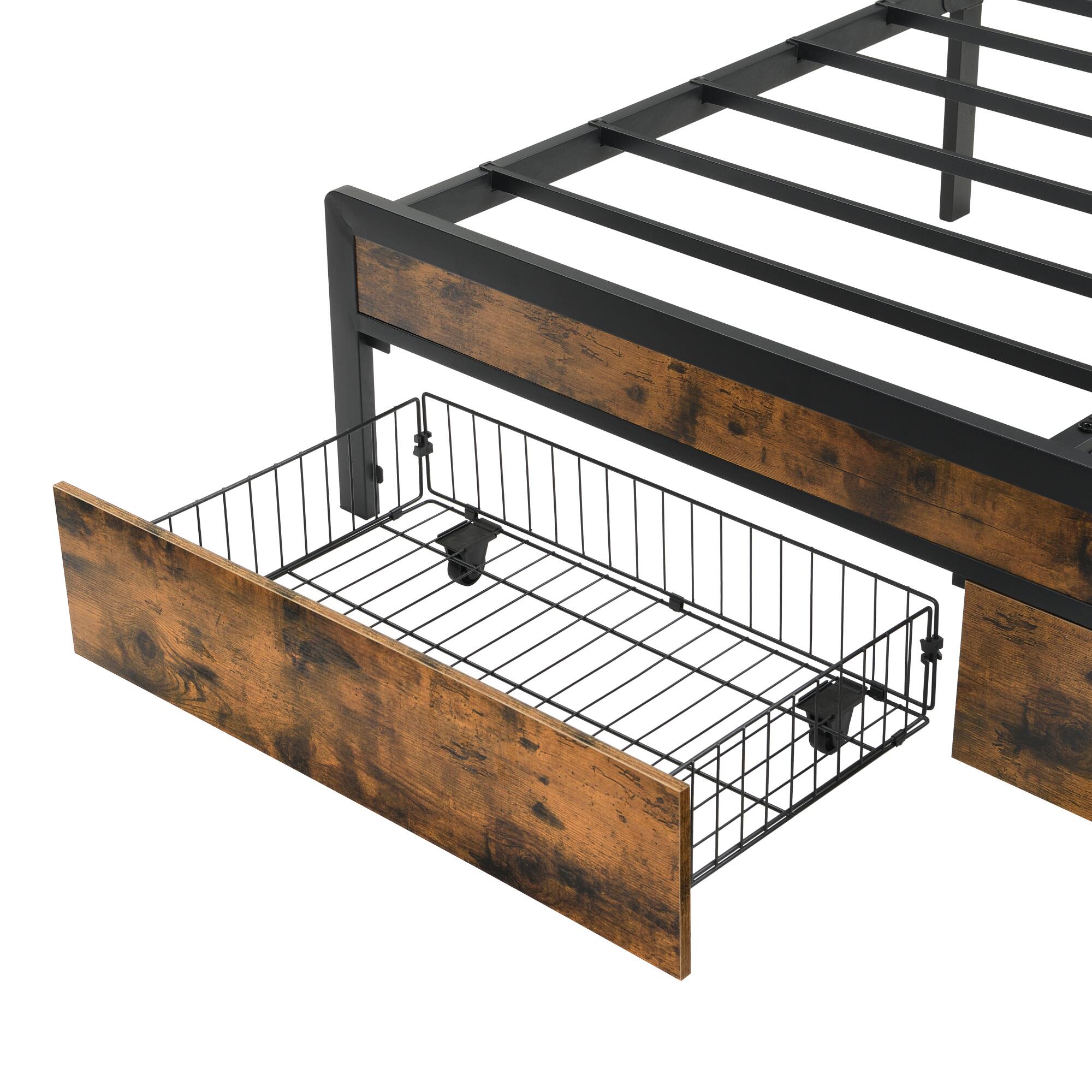 Alt View 10. GOODSILO - Queen Size Upholstered Bed Frame with LED Lighting Storage Drawers USB Charging Station Modern Bedroom Furniture - Brown+Gray.