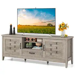 Costway - TV Stand with 2 Woven Accent Doors, Storage Drawer 3 Adjustable Shelves for 65" TVs - Rustic Oak