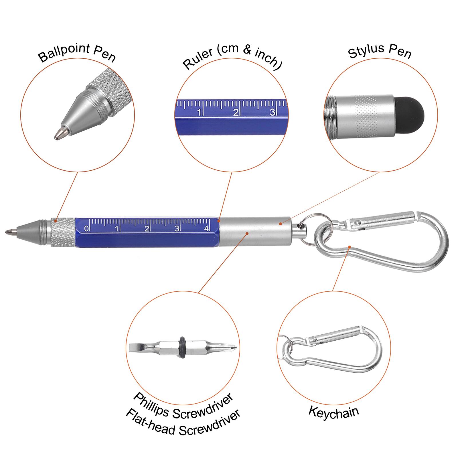 Ballpoint Pen  
Ruler (cm & inch)  
Stylus Pen  
Phillips Screwdriver  
Flat-head Screwdriver  
Keychain