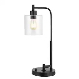Jonathan Y - Axel Modern 23" Iron/Seeded Glass Farmhouse Industrial USB Charging LED Task Lamp - Black