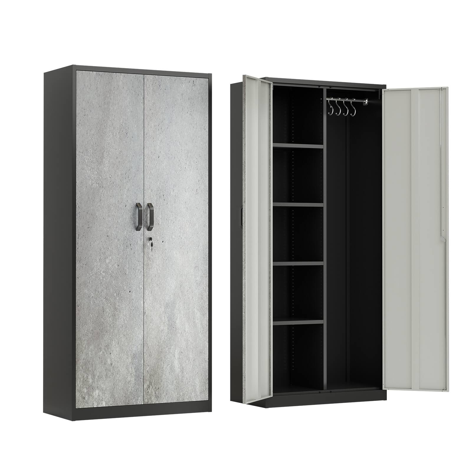 Left. Winado - Heavy Duty Metal Storage Cabinet Anti-Tip Locking Cabinet Armoire Wardrobe with Hanging Rod & Shelves for School, Office - Black & Gray.