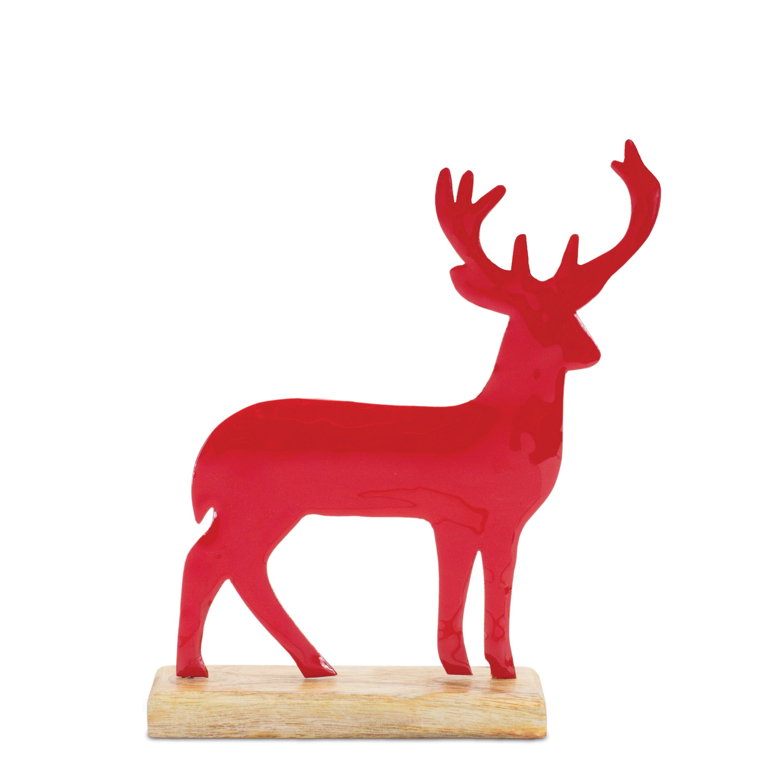 Left. BreeBe - Metal Deer Silhouette with Wood Base (Set of 2) - Red.