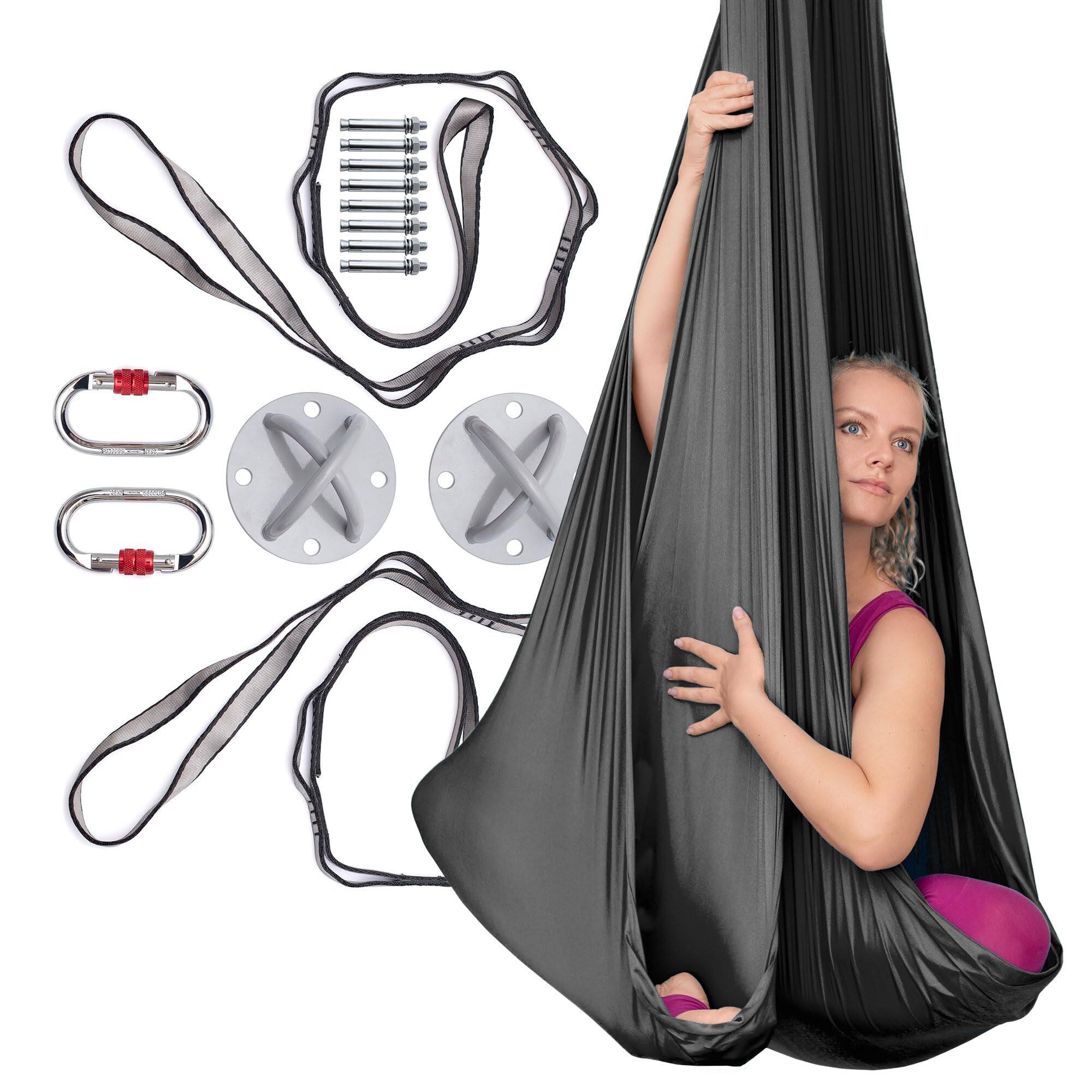 Front. JETRANSPORT - Aerial Silks Hammock Kit For Home - Nylon Tricot Yoga Swing With Complete Hardware & Rigging Set Acrobatics - Aerial silk - Black.