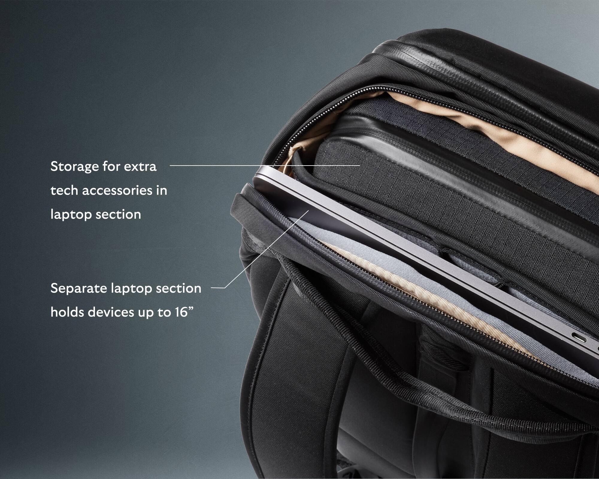 The image shows a backpack with a separate laptop section that can hold devices up to 16 inches. This section is designed to provide storage for extra tech accessories, making it a convenient and organized space for users to store their electronics.