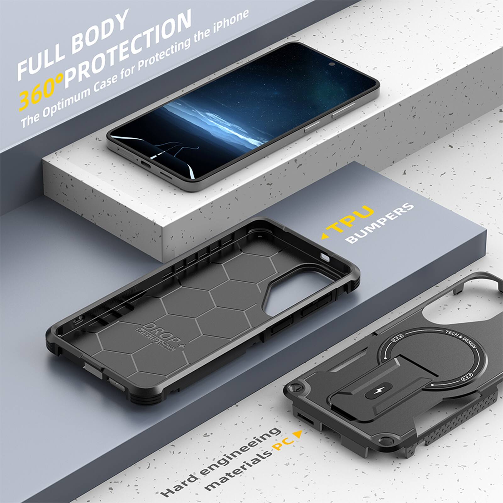 FULL BODY 360° PROTECTION  
The Optimum Case for Protecting the iPhone  

TPU BUMPERS  

Hard engineering materials PC  

TECHADESO