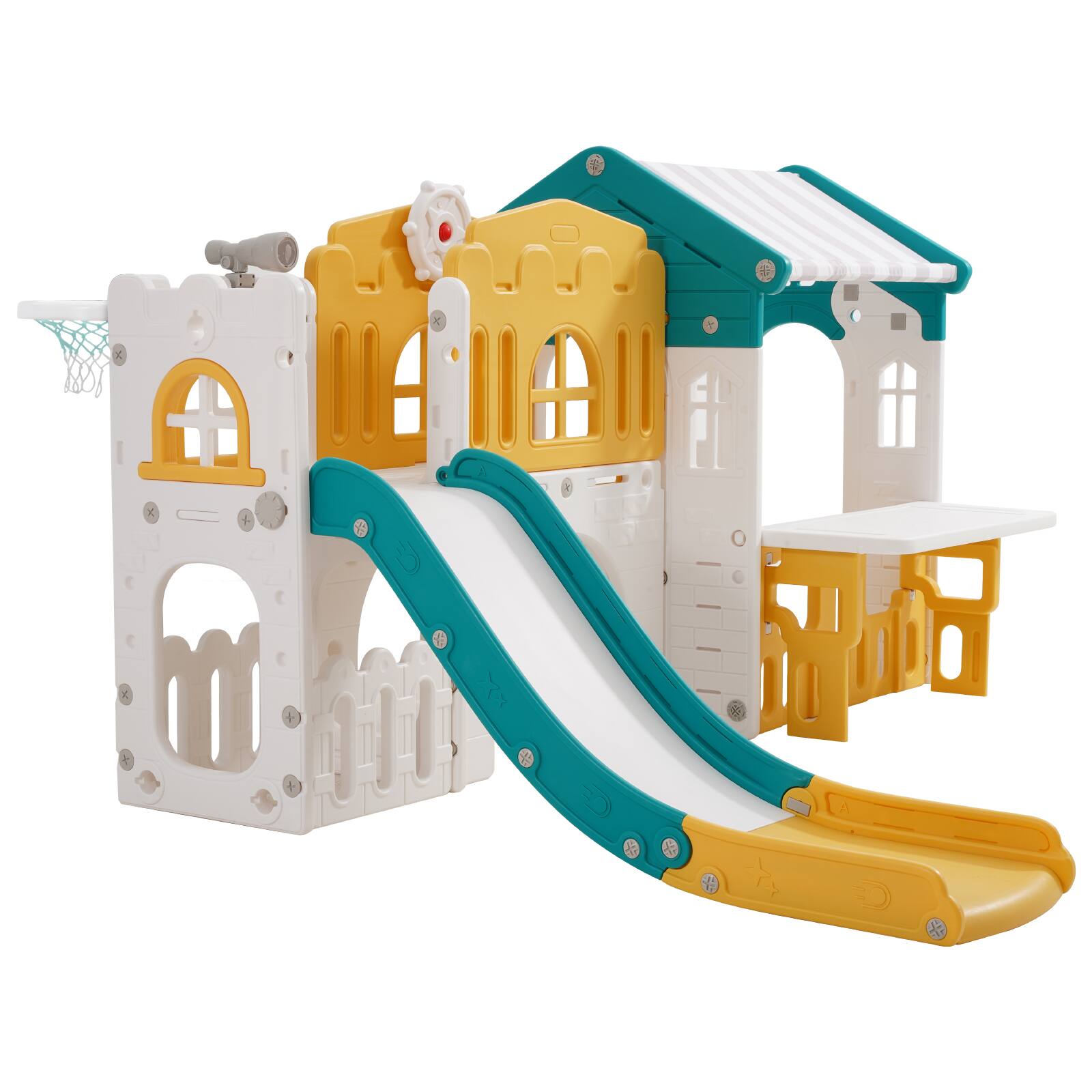 Alt View 5. VEVOR - Outdoor Playhouse, Versatile Toddler Playground with Slide, Basketball, Telescope, Steering Wheel, Crawling Tunnel - Colorful color.