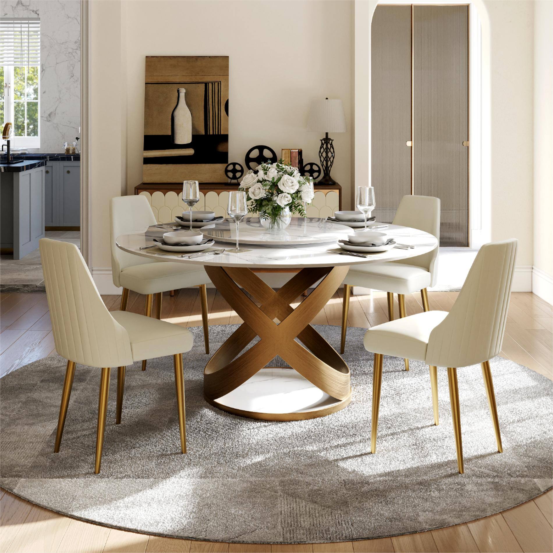 Angle. POVISON - Modern Luxury Upholstered Dining Chairs Set of 2, Leather Dinning Chairs, Beige Dining Chairs with Gold Legs - Beige.