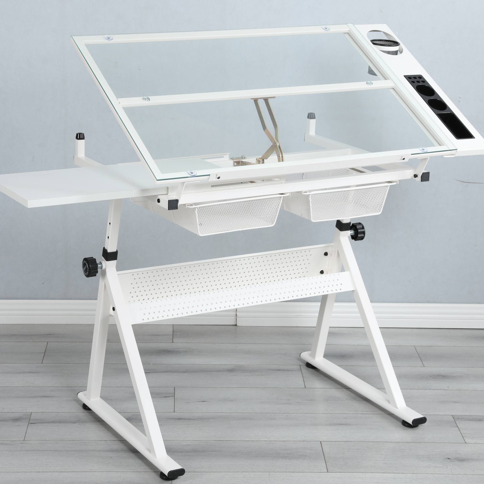 Angle. GOODSILO - Adjustable Tempered Glass Drafting Table with Stool - Height and Angle Adjustable Workspace for Artists and Designers - White.