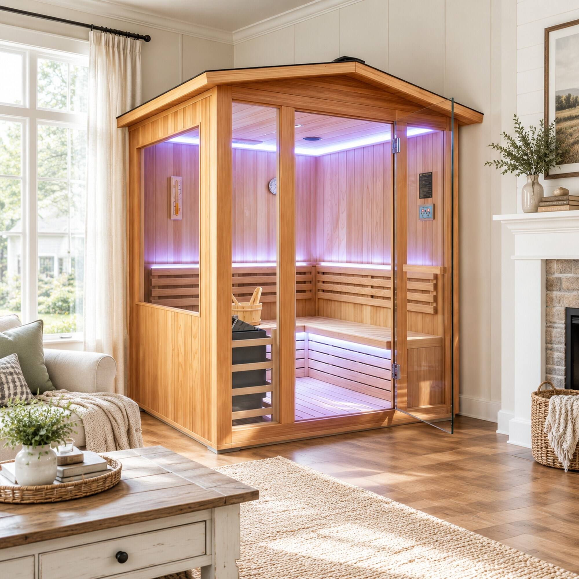 Alt View 1. RYHNUYNE - 6000W Outdoor Traditional Steam Sauna, Cedar Wood, 4 Person, 240V, 150 x 140 x 208 cm - Ameican White Oak.