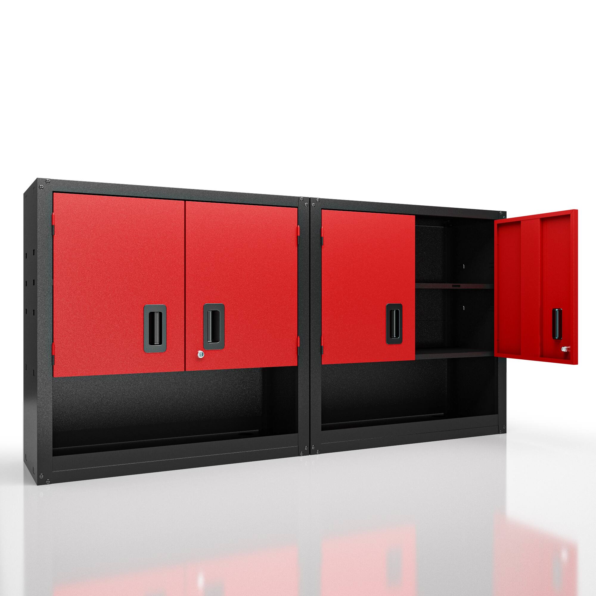 Angle. TinyHomie - Set of 2 Garage Wall Metal Cabinet with Locking 3/4 Doors and Adjustable Shelf, Floating Upper Storage Cabinet in Red - Red+Black.