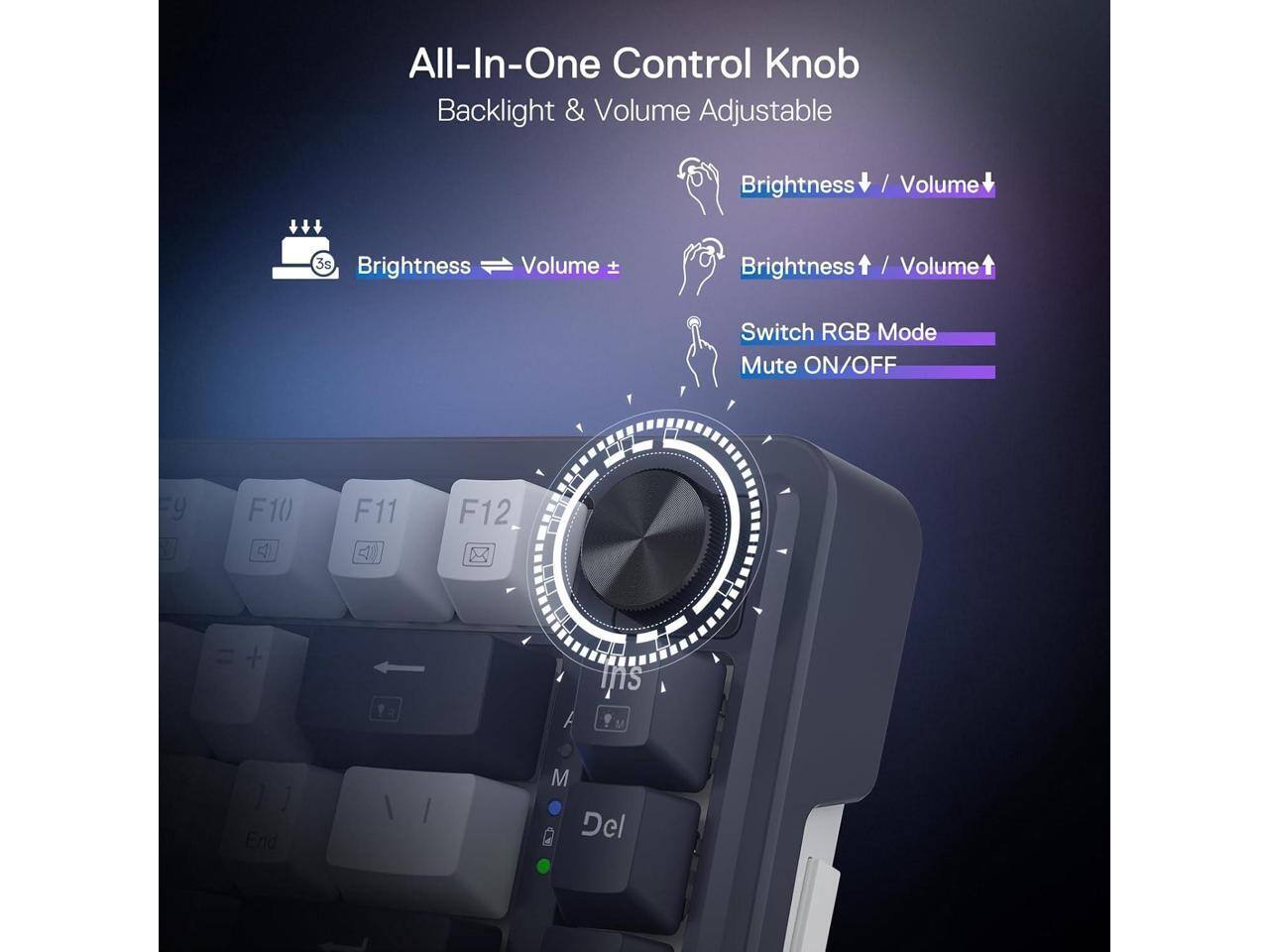 All-In-One Control Knob  
Backlight & Volume Adjustable  

Brightness / Volume  
3s Brightness Volume  
Brightness / Volume  
Switch RGB Mode Mute ON/OFF  

F10  
F11  
F12  
+  

Ins  
End  
/  
M Del