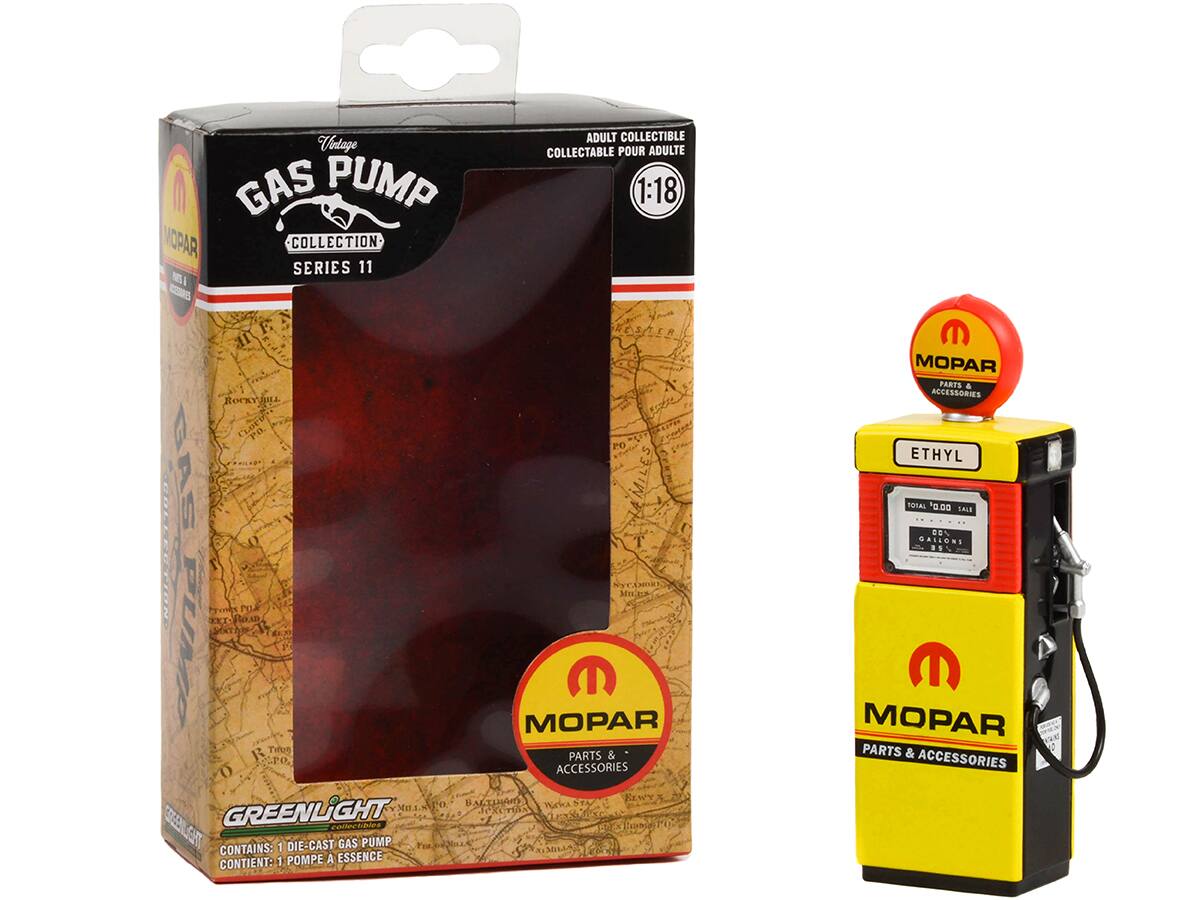 **Vintage Gas Pump Collection**  
**Series 11**  
**1:18**  
**Adult Collectible**  
**Collectable Pour Adulte**  

**MOPAR**  
**Parts & Accessories**  

**Greenlight**  
**Contains: 1 Die-Cast Gas Pump**  
**Contient: 1 Pompe à Essence**  

**Ethyl**  
**Total 0.00 Sale**  
**0.00 Gallons**  

**MOPAR**  
**Parts & Accessories**