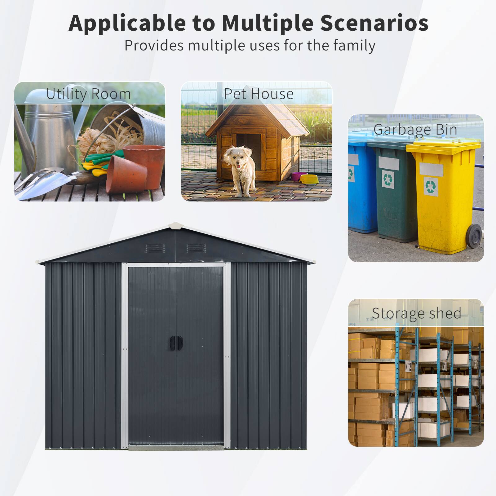 Applicable to Multiple Scenarios  
Provides multiple uses for the family  

- Utility Room  
- Pet House  
- Garbage Bin  
- Storage shed