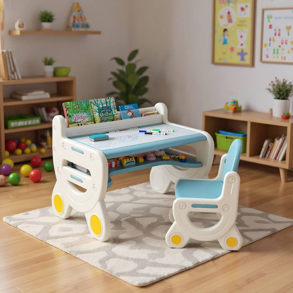 Kadyn - Kids Drawing Table and Chair Set with Watercolor Pens and Blackboard Eraser-Blue, Small Folding Table for Arts & Crafts - Natural