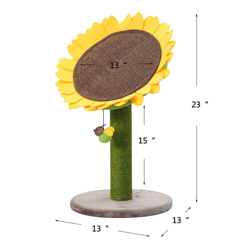 Angle. Catry - Sunflower 26" Cat Scratching Post with Replaceable Parts, Washable Beds - Green.