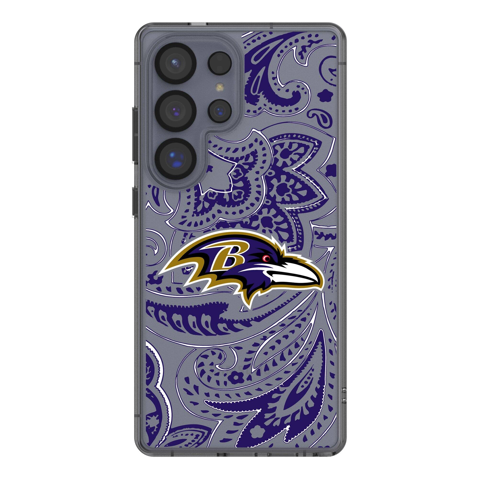 Front. Keyscaper - Baltimore Ravens Galaxy Clear Paisley Design Case - S23 - Multicolor.
