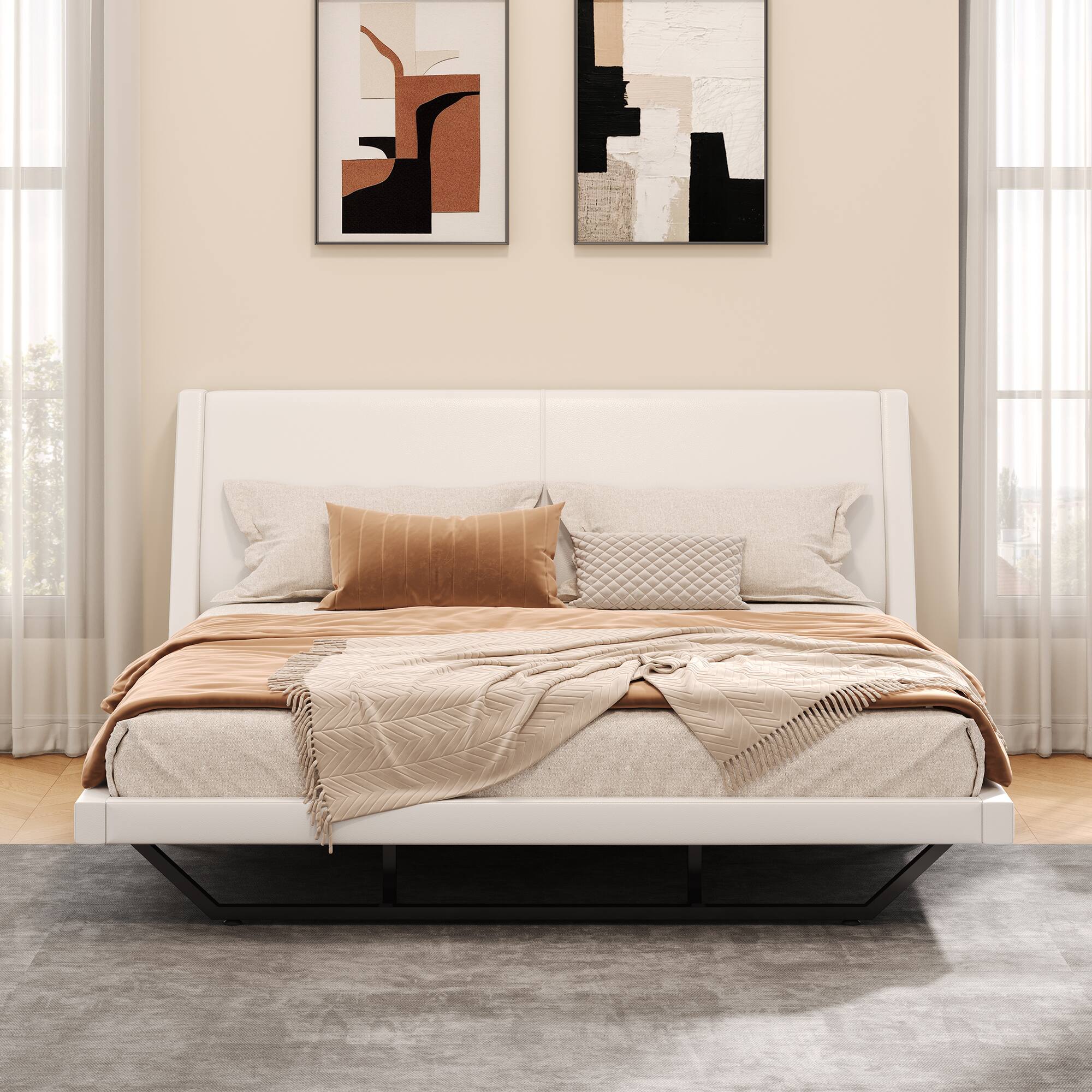 Angle. Whisen - King Size Upholstered Platform Bed Frame with Trapezoidal-Shaped Leg for Bedroom - White.