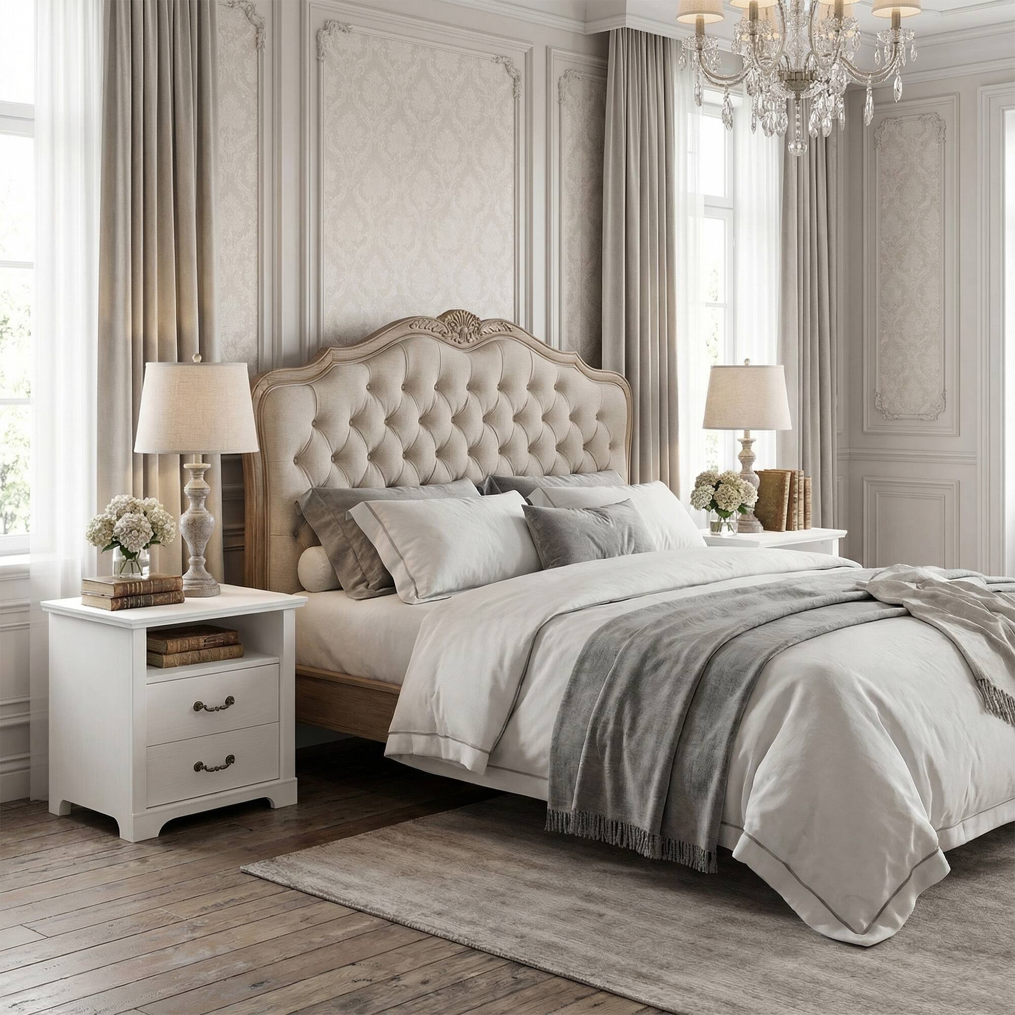 Back. Vaczon - Rustic White Nightstands (Set of 2) with Open Shelf and 2 Drawers - White.