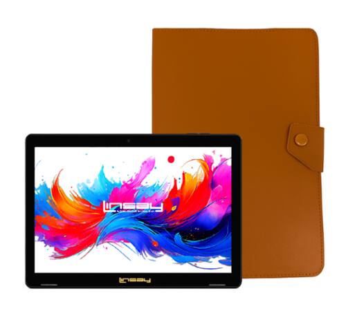 LINSAY - 10.1" Octa Core 256GB Storage Android 15 Tablet with Leather Case - Brown