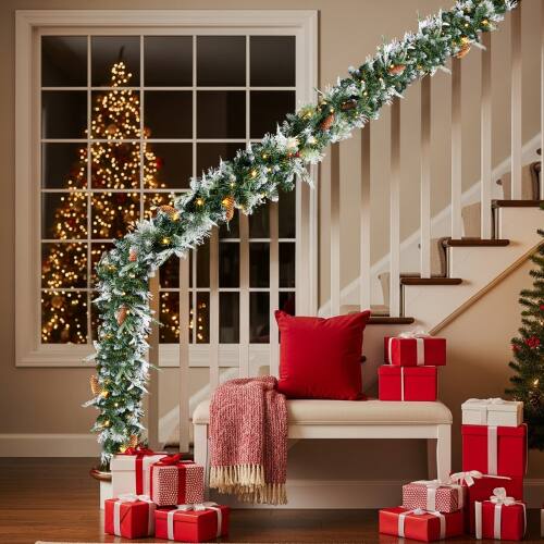 Alt View 8. Winado - 2PCS Pre-lit Snow Flocked Indoor / Outdoor 9 FT Christmas Garland, Lighted Artificial for Holiday Decoration - Snowy Green.