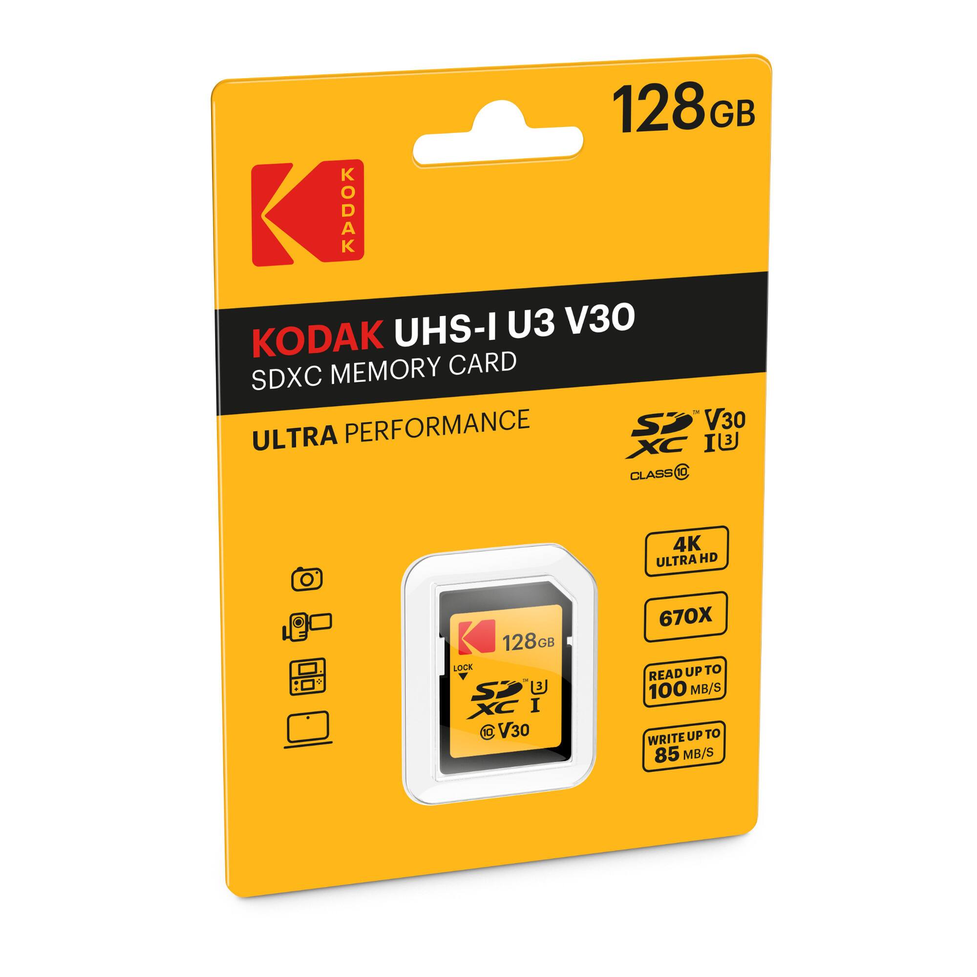 128GB KODAK UHS-I U3 V30 SDXC MEMORY CARD - ULTRA PERFORMANCE  
- 4K ULTRA HD  
- 670X  
- READ UP TO 100 MB/S  
- WRITE UP TO 85 MB/S