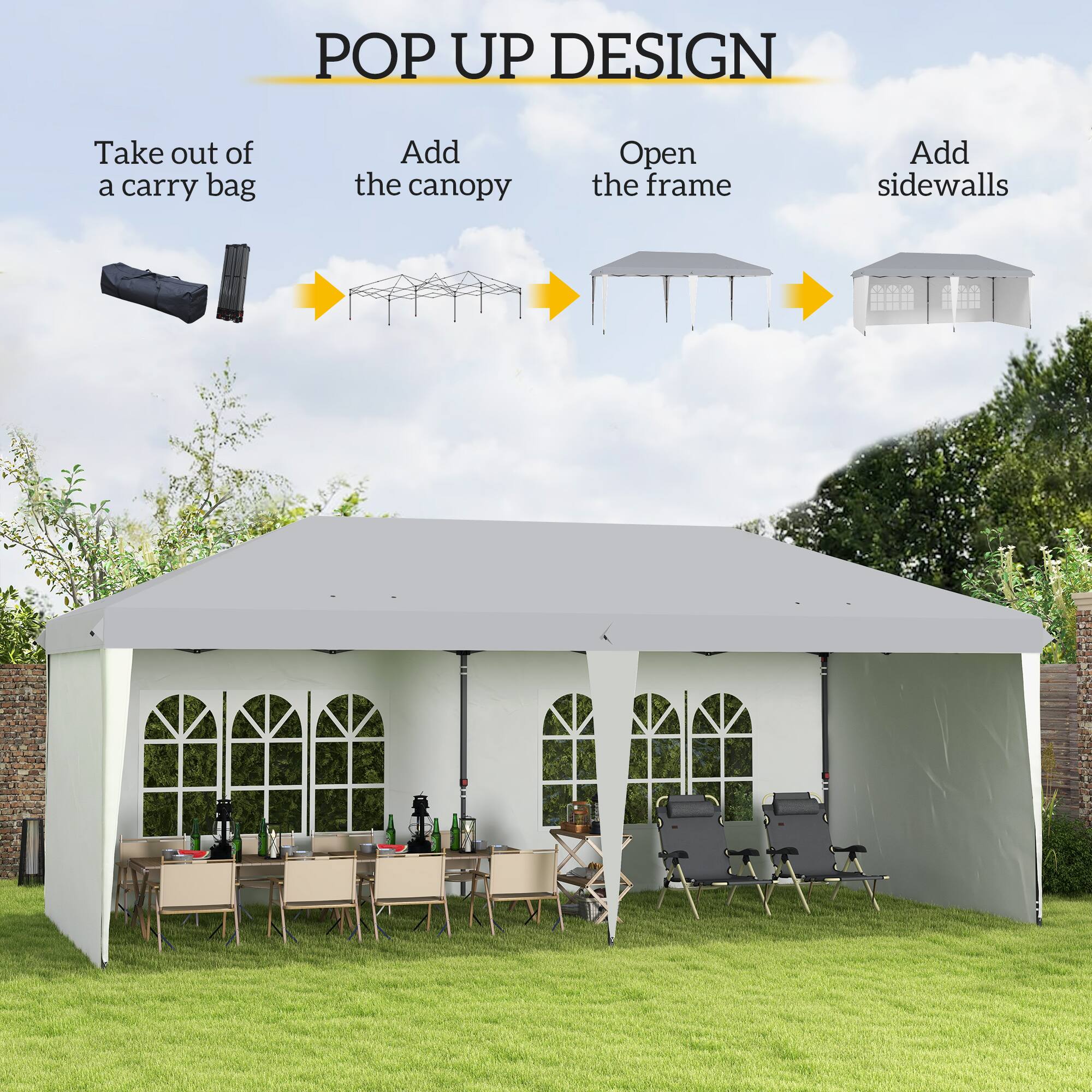 POP UP DESIGN

Take out of a carry bag
Add the canopy
Open the frame
Add sidewalls